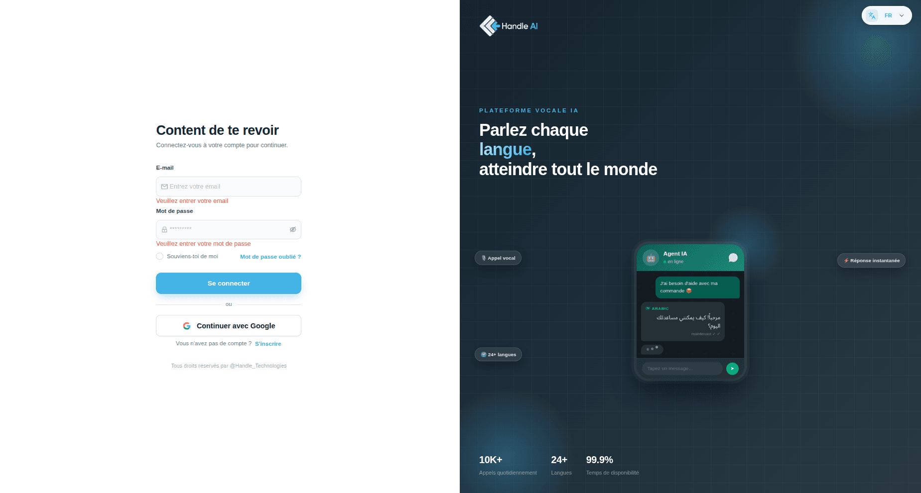 HandleAI : agents IA pour appels et messageries - Connexion à la plateforme multilingue