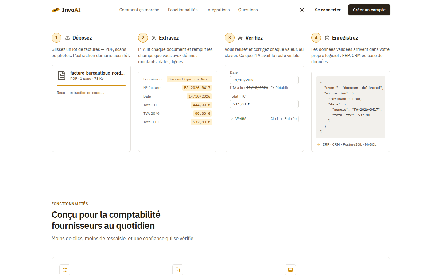 InvoAI — Système intelligent de gestion des factures - Les 4 étapes : déposer, extraire, vérifier, enregistrer