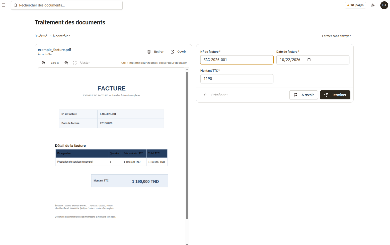 InvoAI — Système intelligent de gestion des factures - Traitement des documents : la facture à gauche, les champs extraits à droite