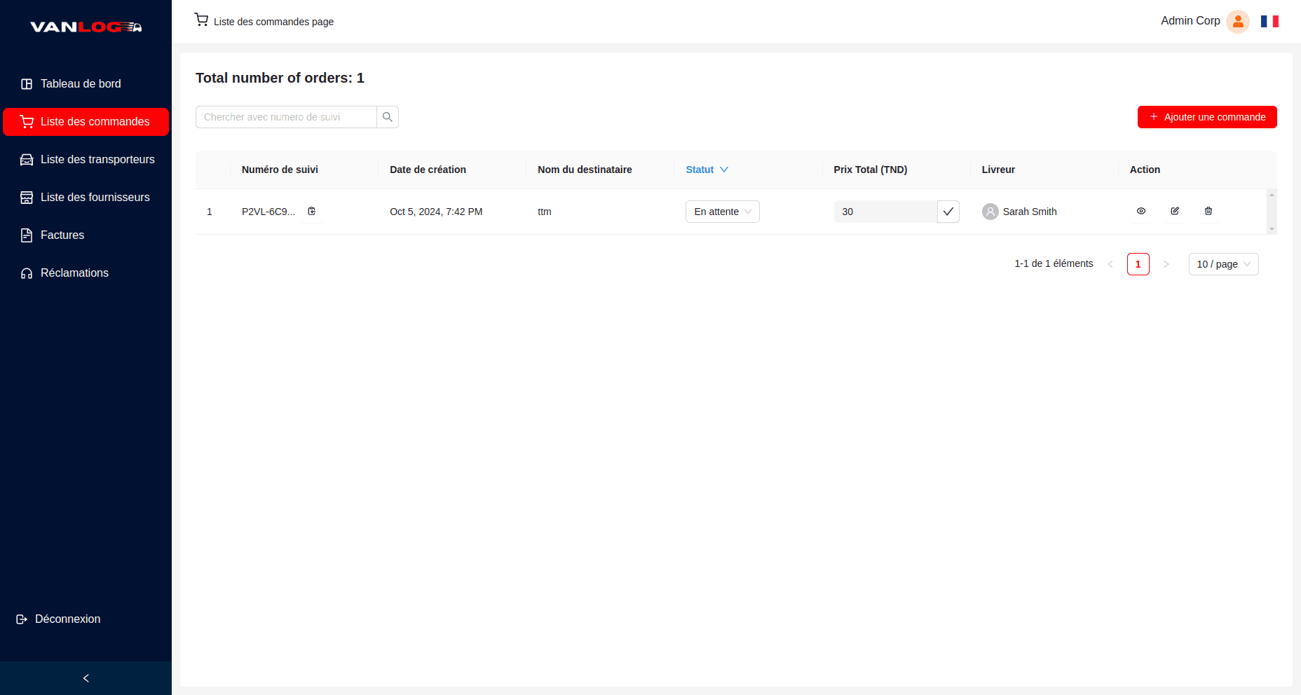 Vanlog Express : gestion des livraisons - Liste des commandes