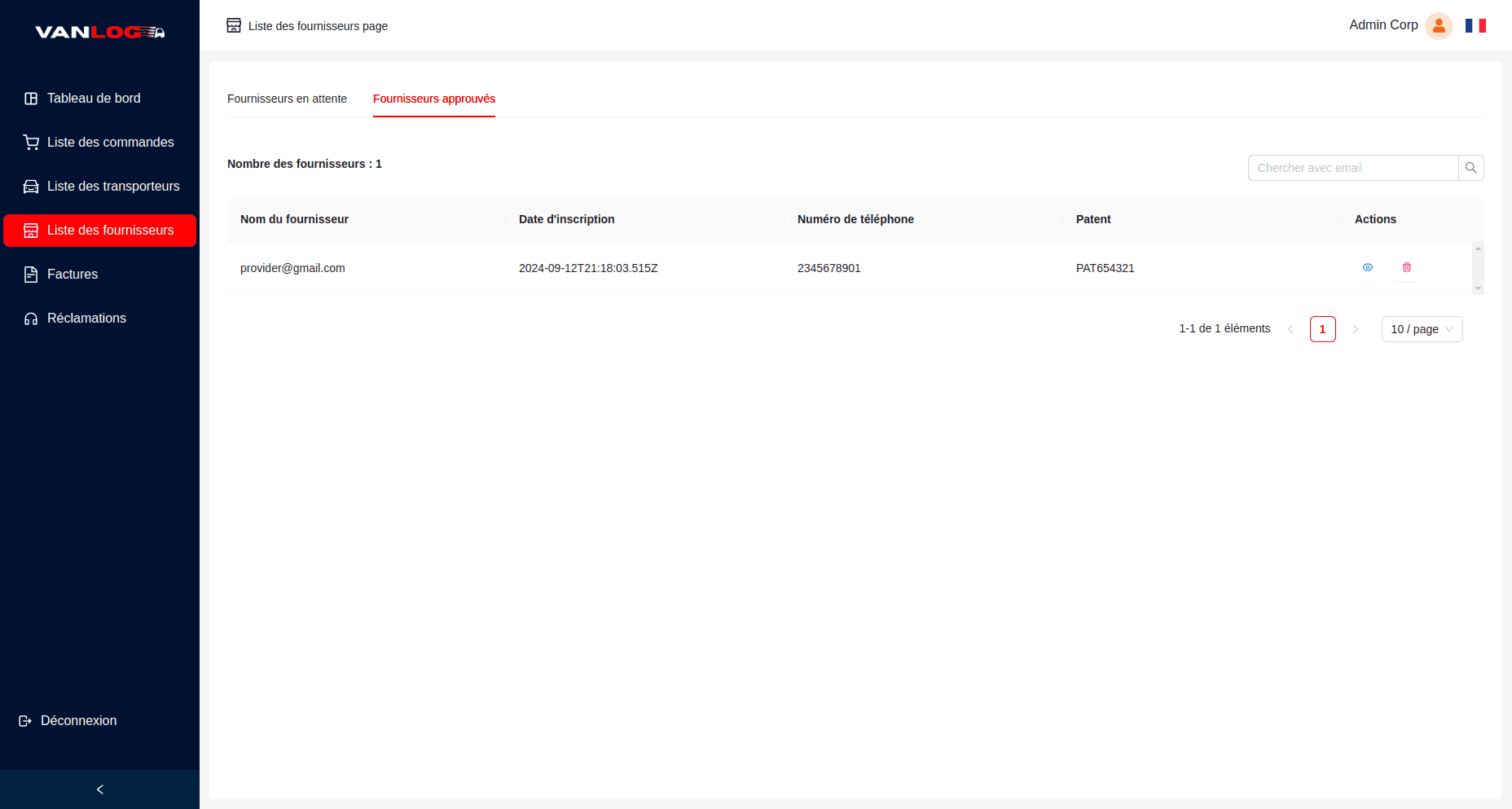 Vanlog Express : gestion des livraisons - Gestion des fournisseurs