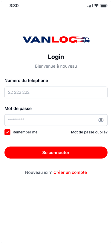 Vanlog Express : gestion des livraisons - Application mobile : connexion
