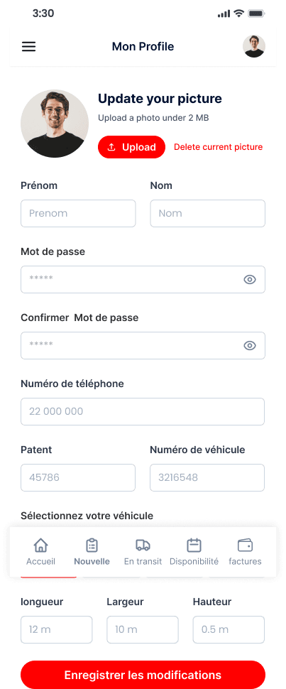 Vanlog Express : gestion des livraisons - Application mobile : profil du livreur